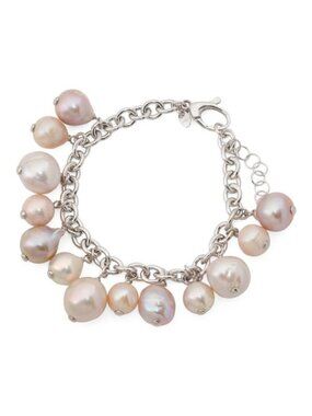 MILOR SILVER Made In Italy Sterling Silver Rolo Link Pearl Bracelet